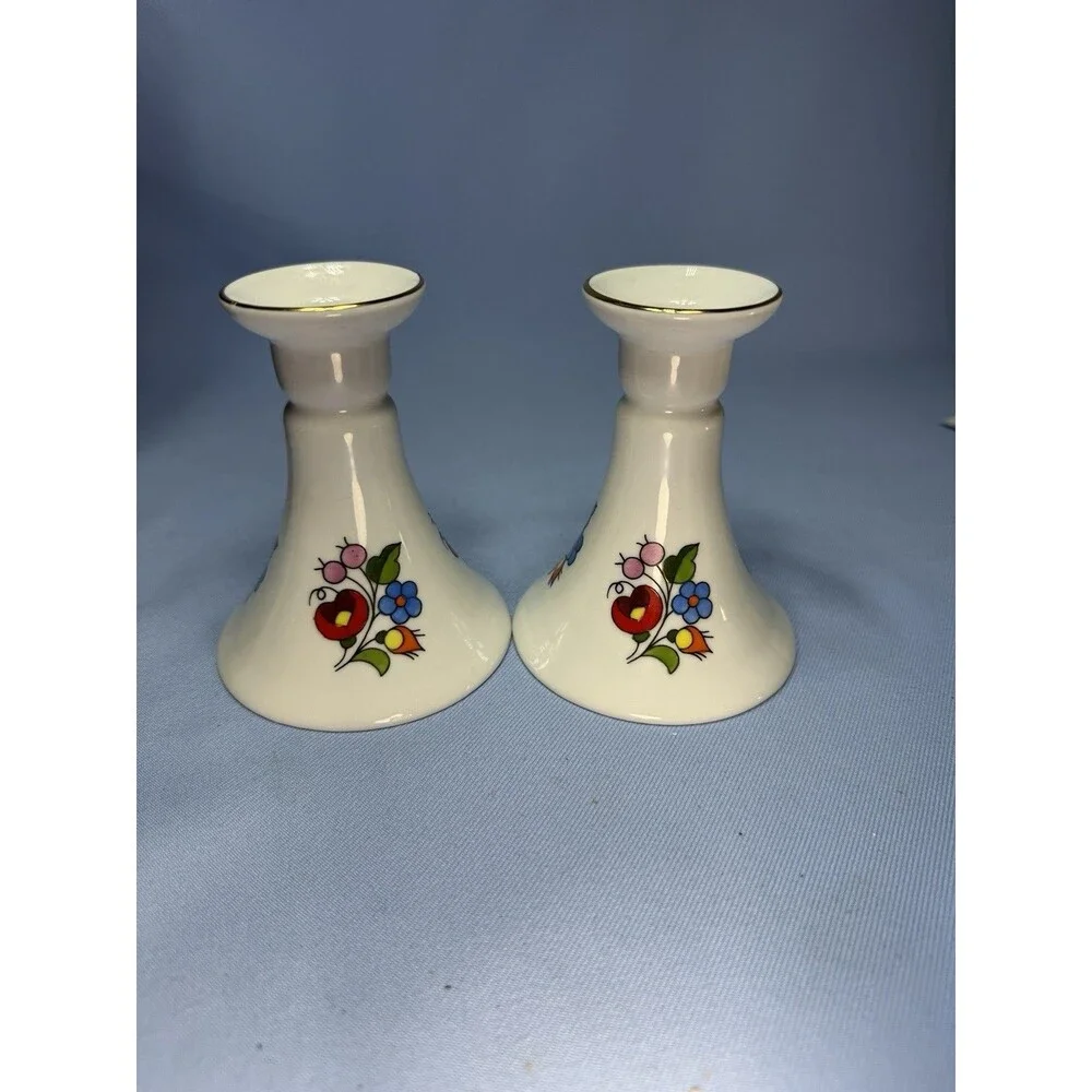 Set Of 2 Kalocsa Candle Holders, Hand painted Red And Blue Floral, Hungary 4.5”